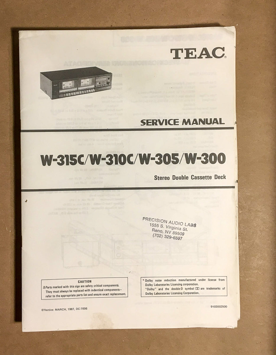 Teac W-315C -310C -305 -300 Cassette Service Manual *Original*
