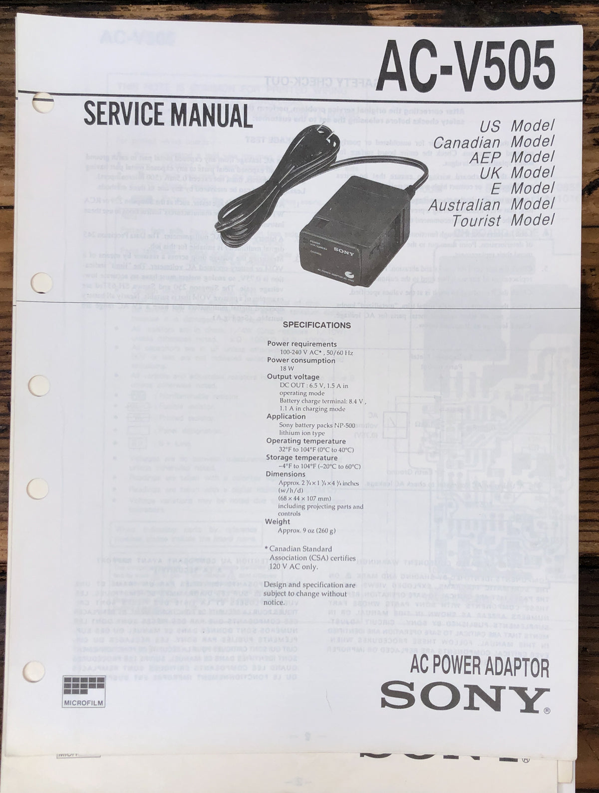 Sony AC-V505 Charger Service Manual *Original*