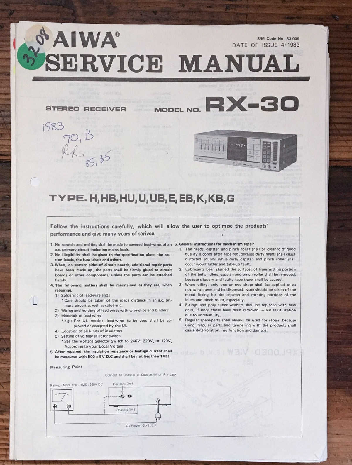 Aiwa RX-30 Receiver Service Manual *Original*
