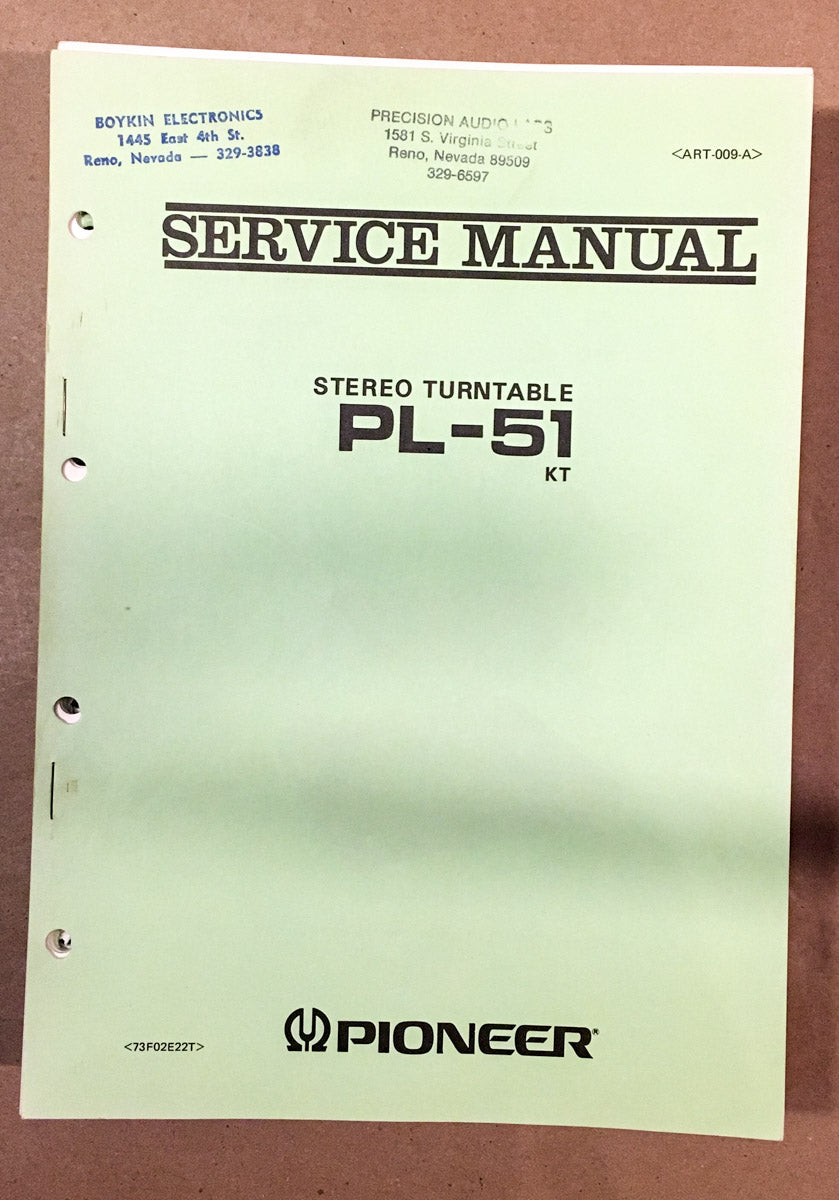 Pioneer PL-51 Turntable / Record Player Service Manual *Original*
