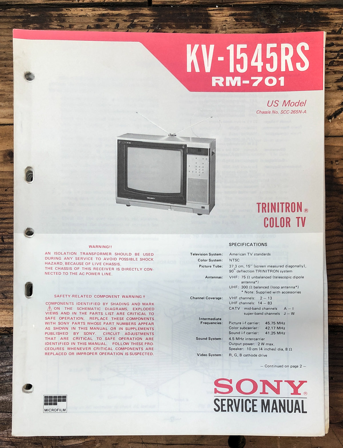 Sony KV-1545RS TV Service Manual *Original*