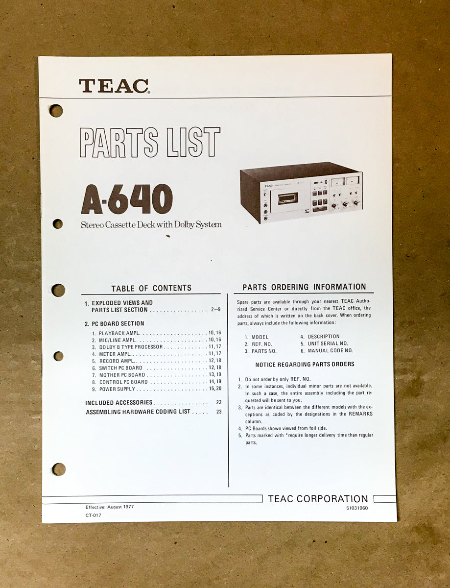 TEAC A-640 Cassette Deck Parts List Manual *Original*
