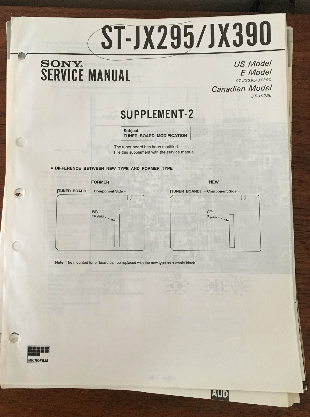 Sony ST-JX295 ST-JX390 Tuner Service Manual Supplement *Original*