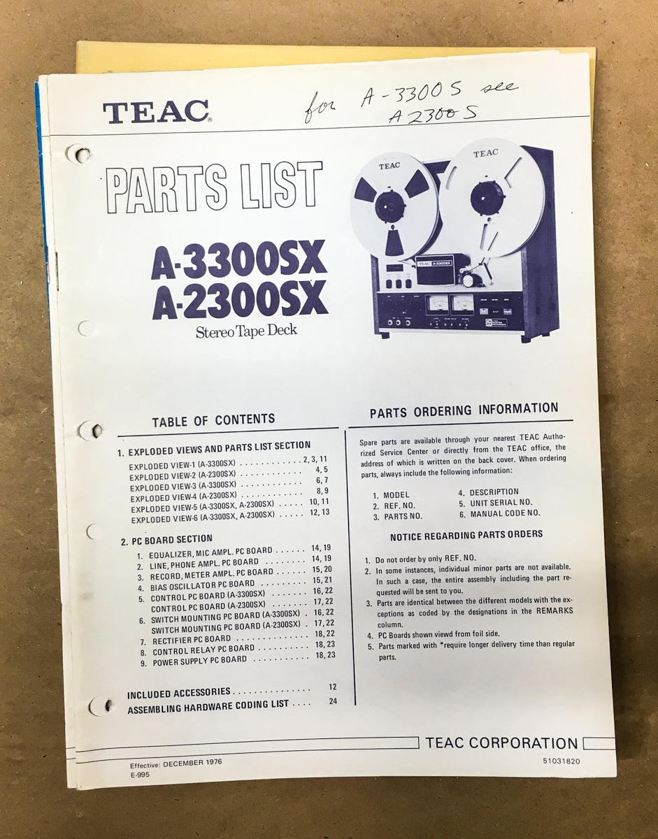 Teac A-2300SX A-3300SX Reel to Reel Parts List Manual *Original*