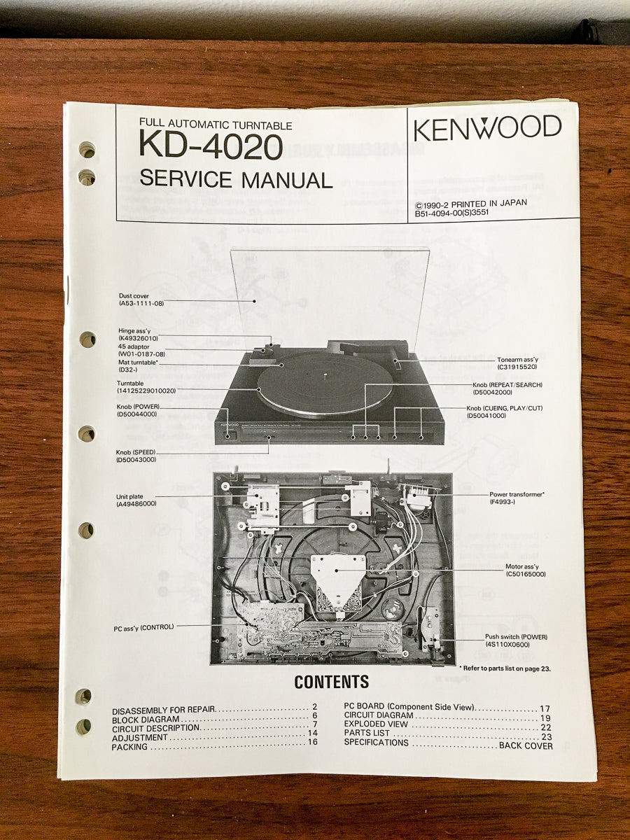 Kenwood KD-4020 Record Player / Turntable Service Manual *Original* #2