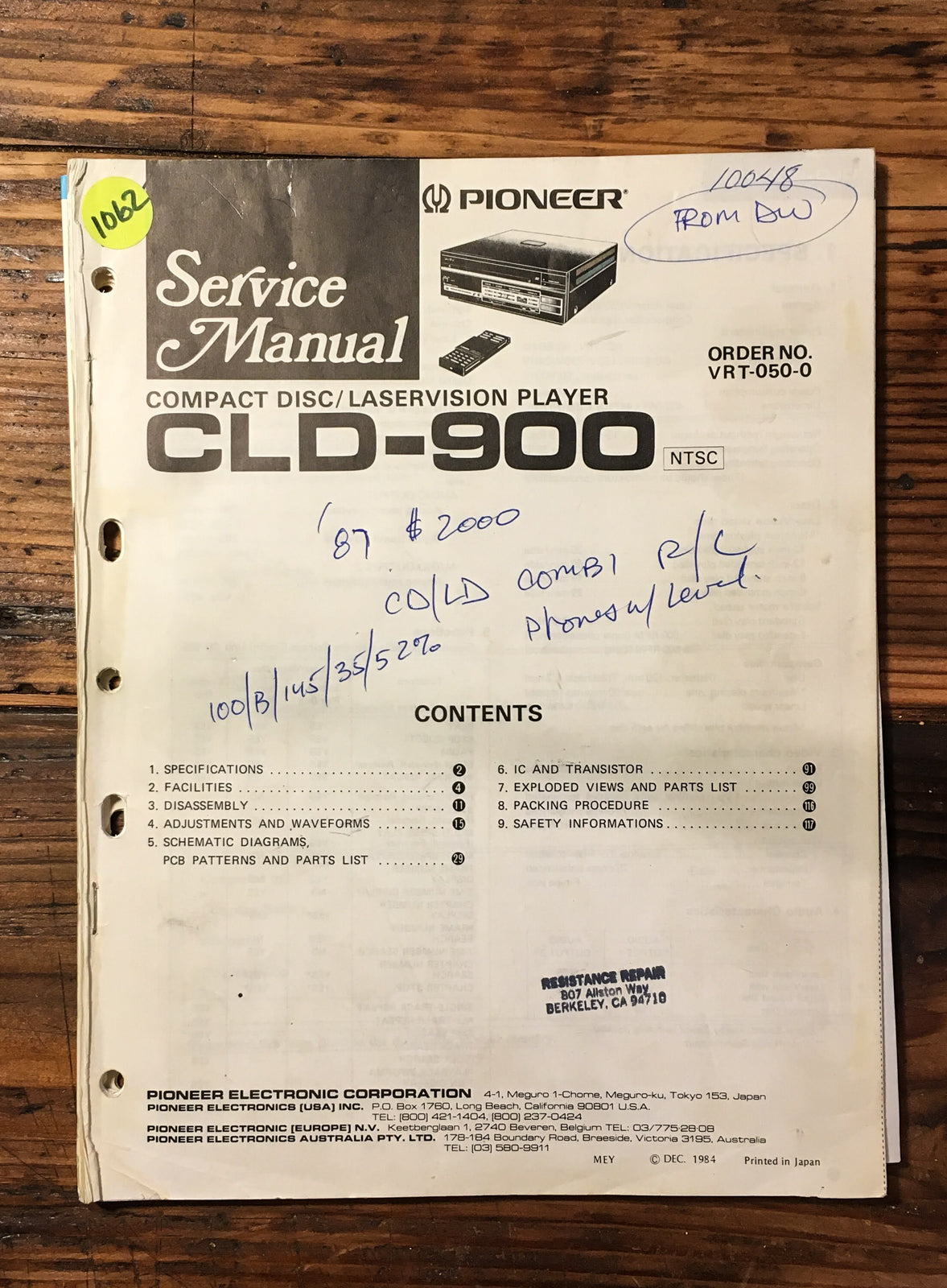 Pioneer CLD-900 Laserdisc LD Service Manual *Original*