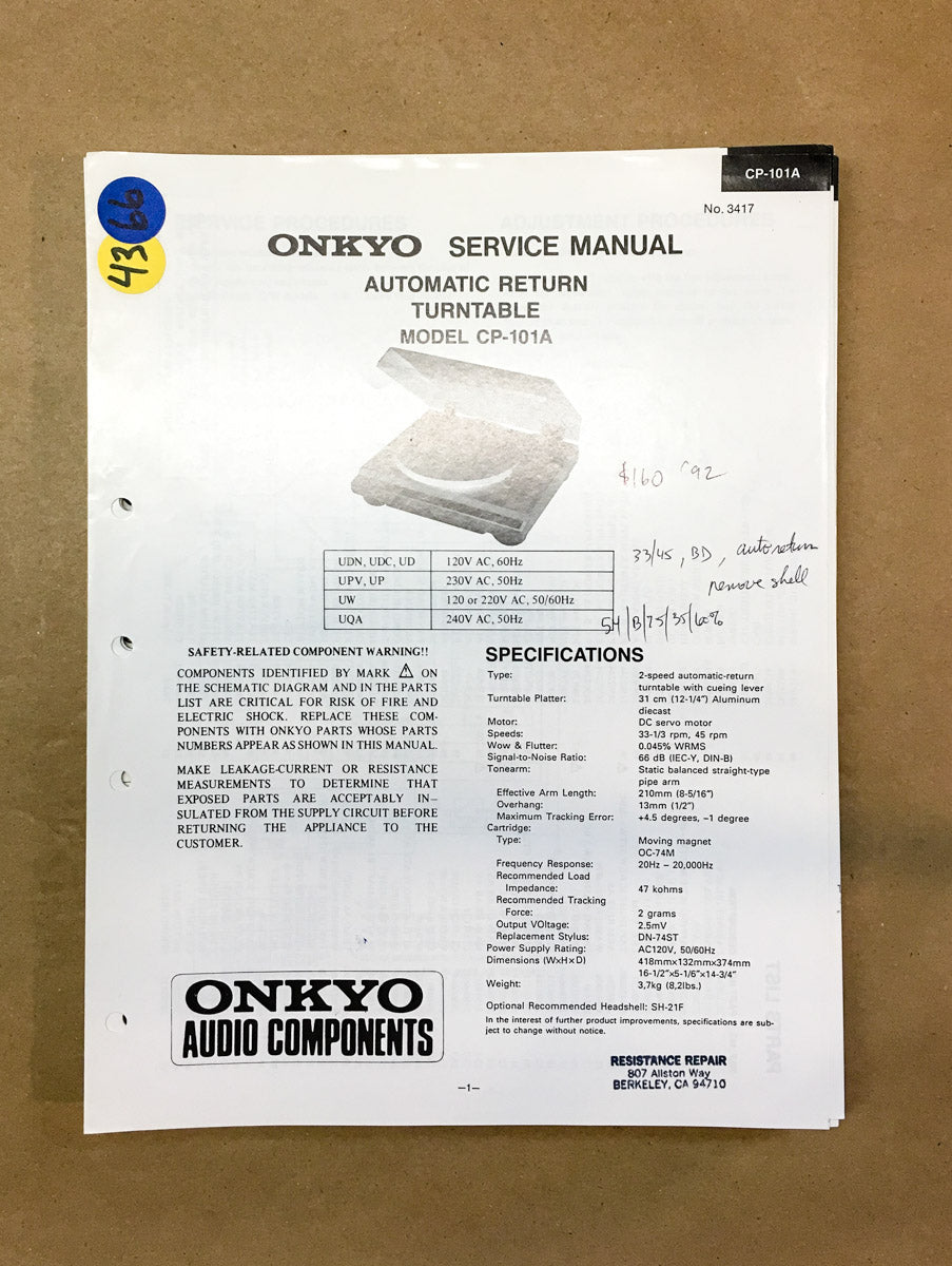 Onkyo CP-101A Record Player / Turntable Service Manual *Original*