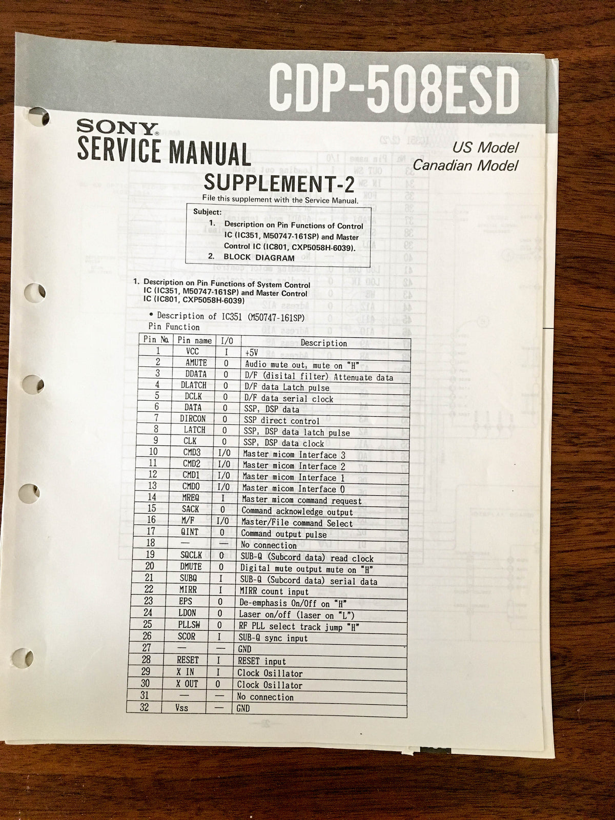 Sony CDP-508ESD Service Manual Supplement *Original*