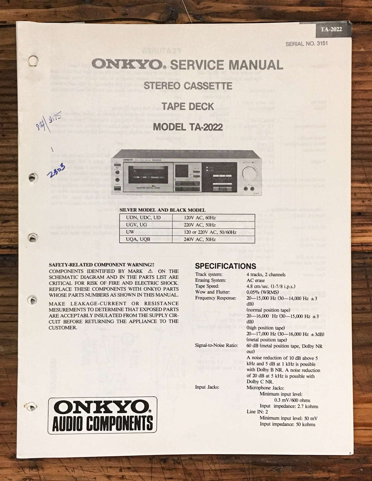 Onkyo TA-2022 Cassette Service Manual *Original*
