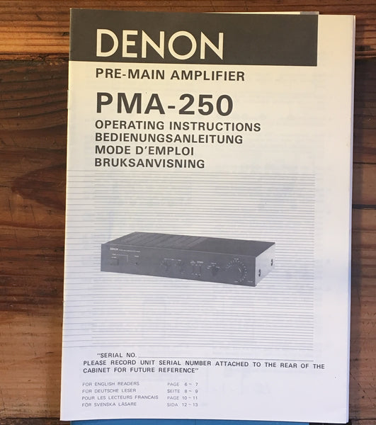 Denon PMA-250 Preamp / Preamplifier User / Owners Manual *Original*
