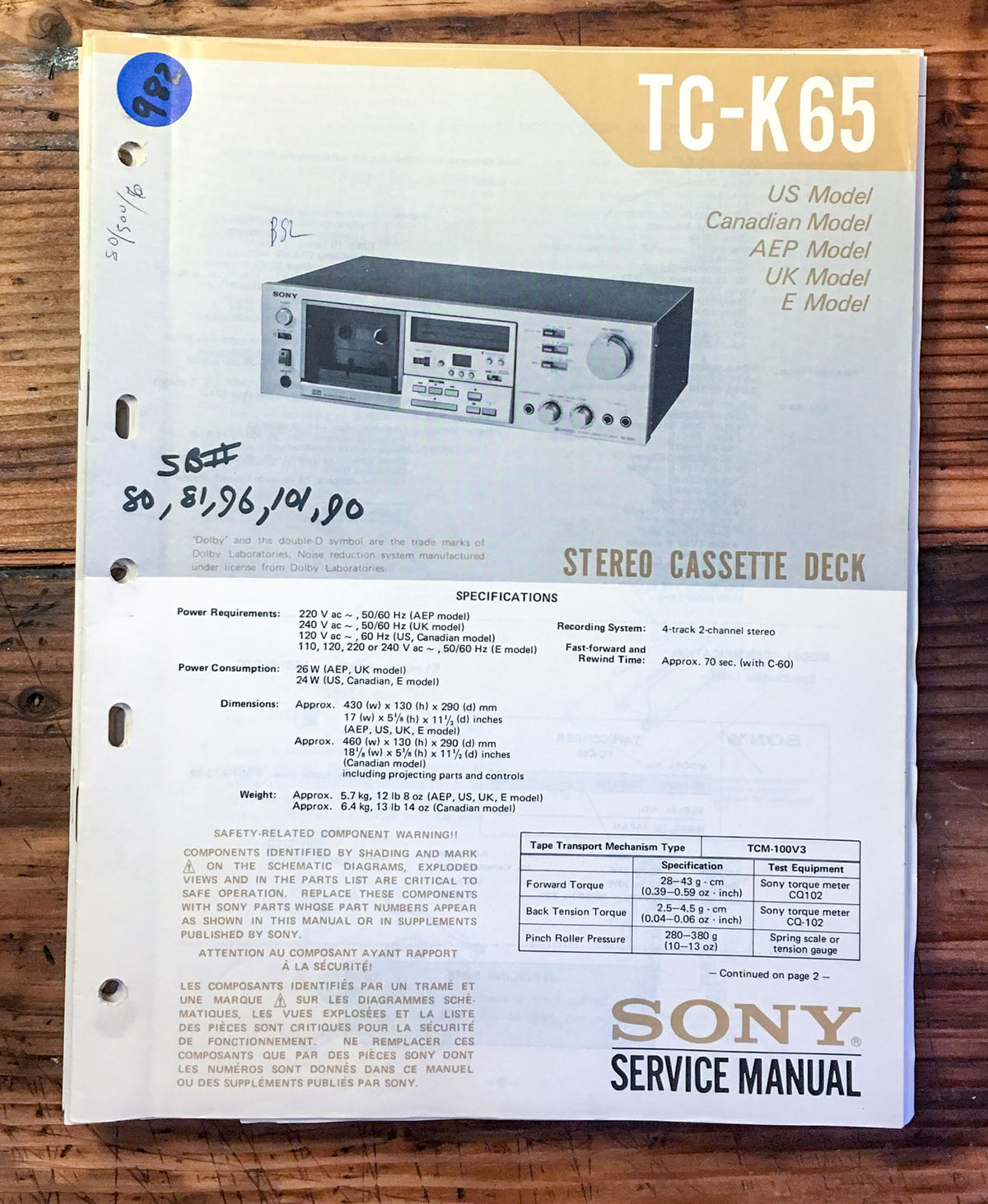 Sony TC-K65 Cassette Deck Service Manual *Original*