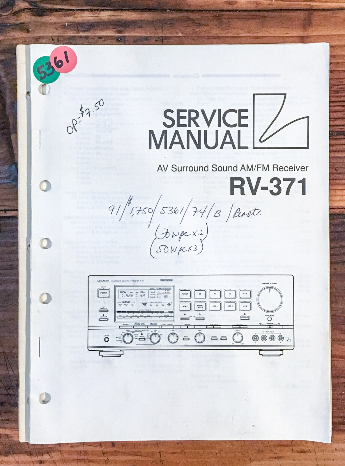 Luxman RV-371 Receiver Service Manual *Original*