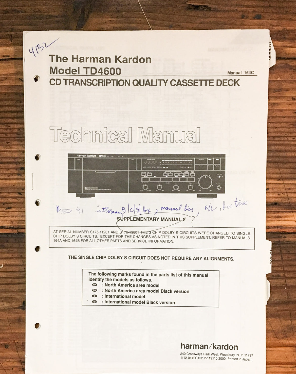 Harman Kardon TD4600 Cassette Service Manual Supplement 2 *Original