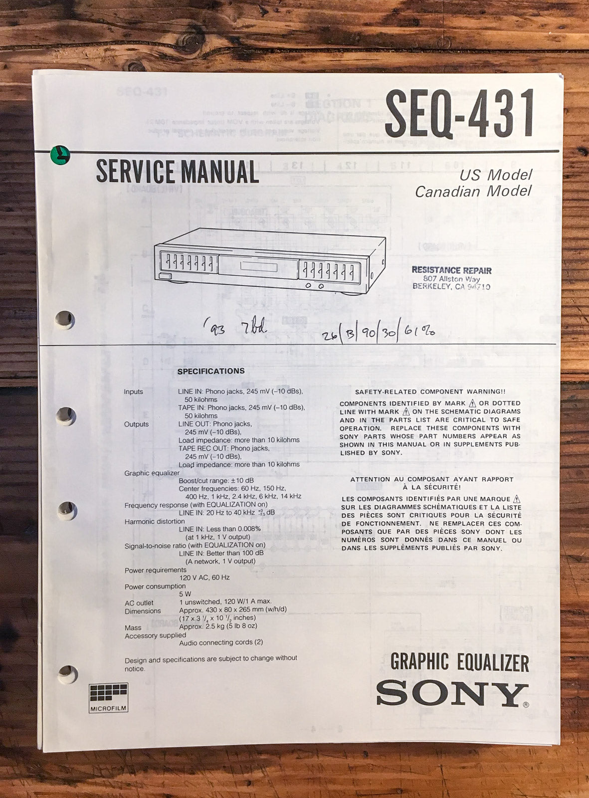 Sony SEQ-431 Equalizer Service Manual *Original*