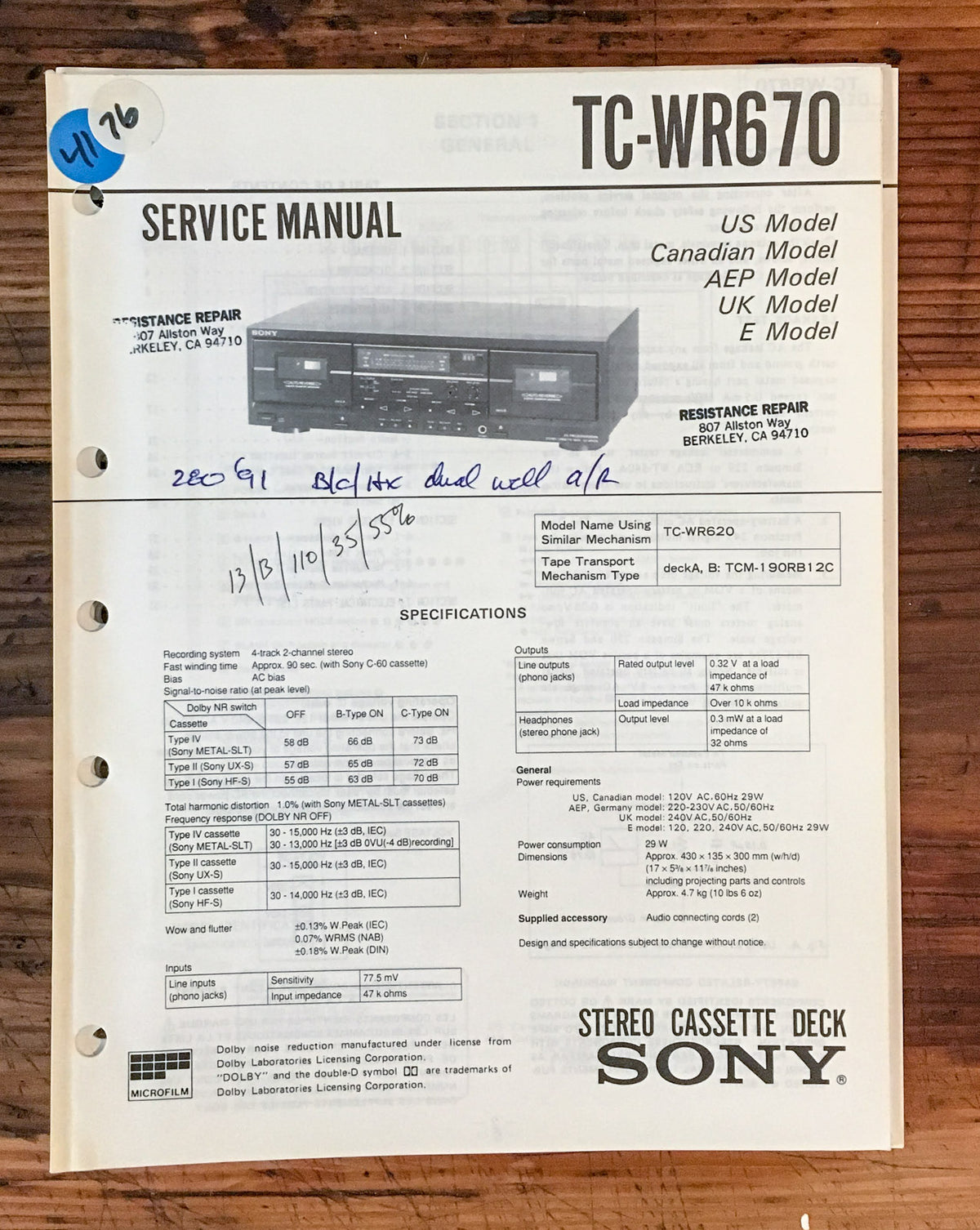 Sony TC-WR670 Cassette Deck Service Manual *Original*