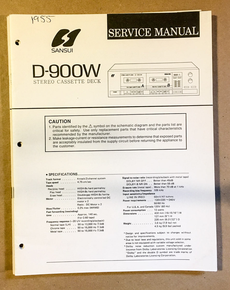 Sansui D-900W Cassette / Tape Player Service Manual *Original* #1