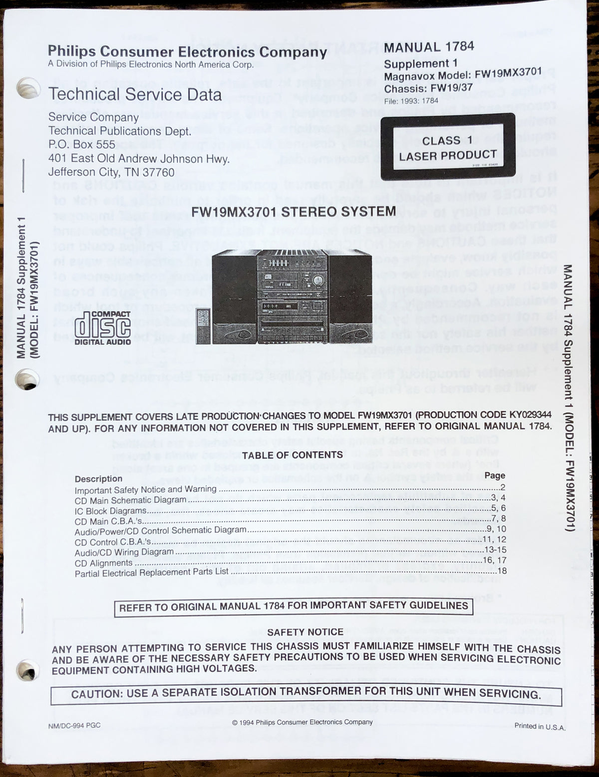 Magnavox FW19MX3701 FW19MX 37 Stereo Supp Service Manual *Original*