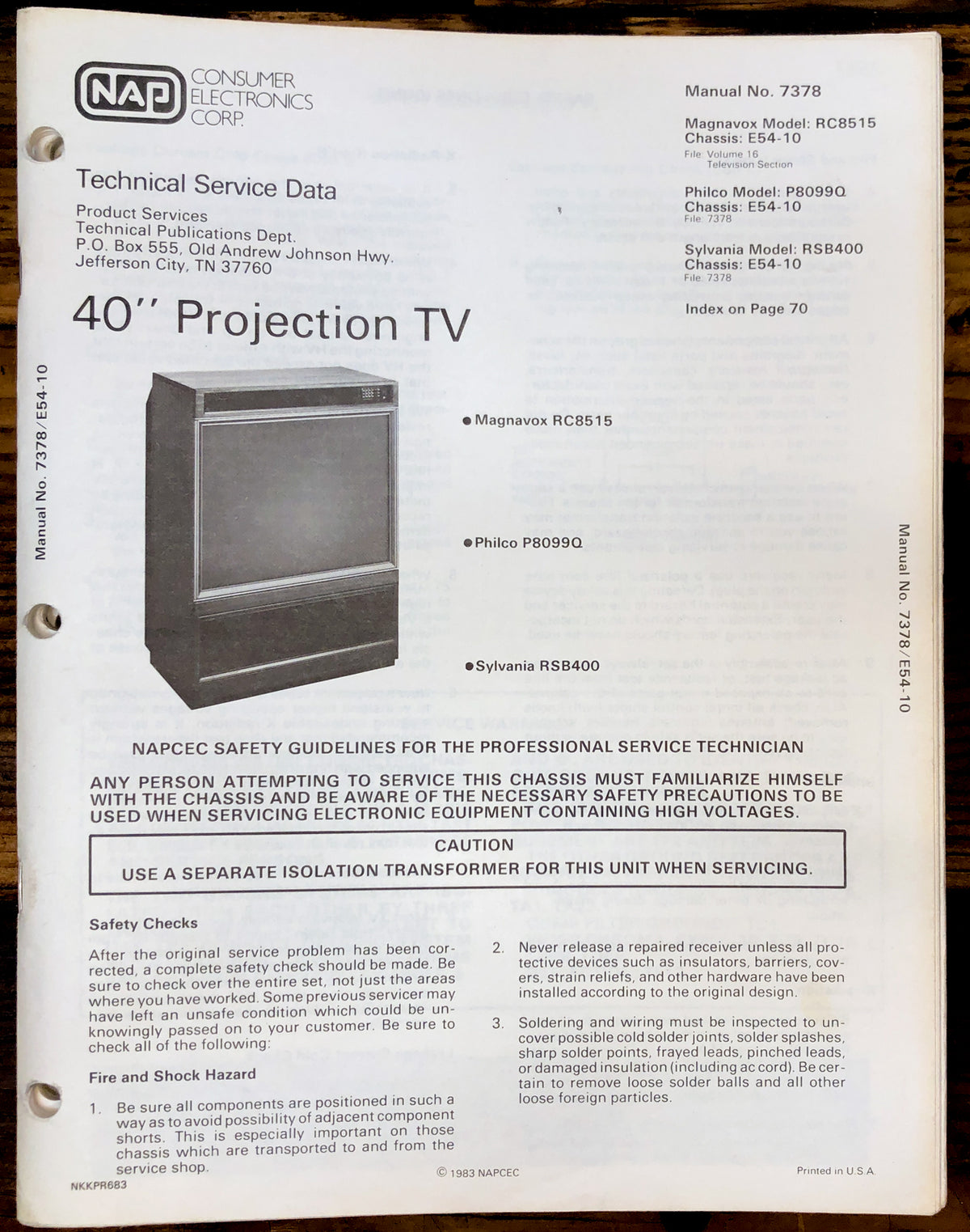 Magnavox Philco Sylvania RC8515 P8099Q RSB400 TV Service Manual *Original*