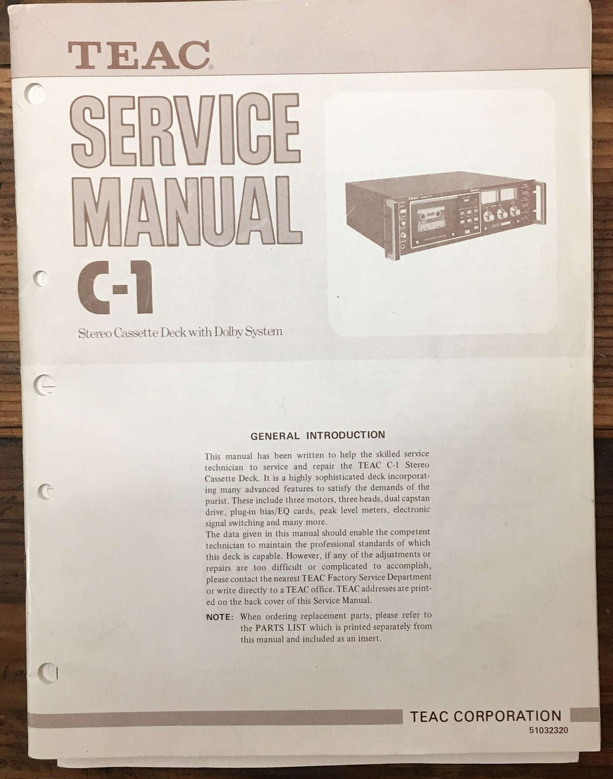 Teac C-1 Cassette Deck Service Manual *Original*