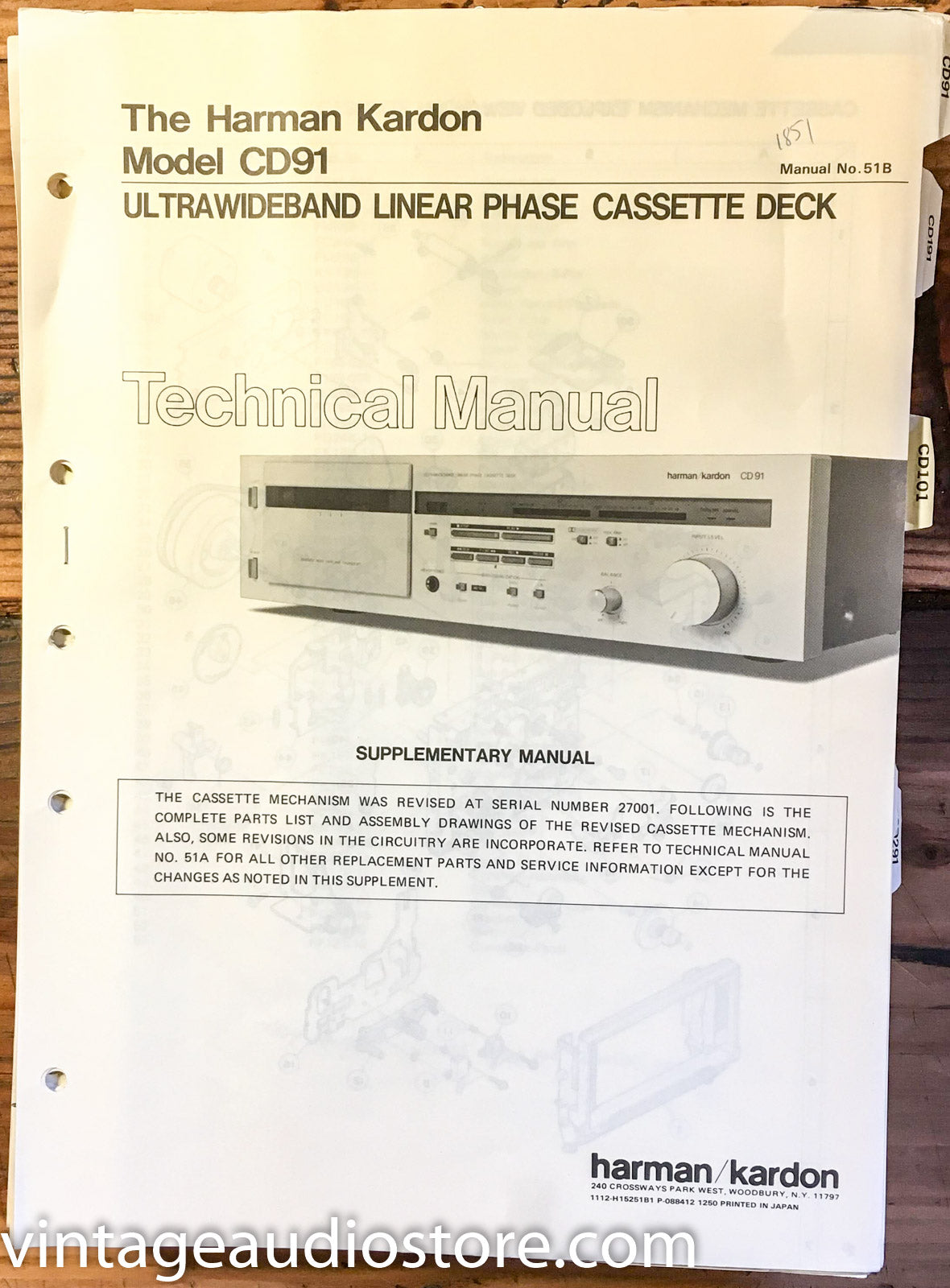 Harman Kardon CD91 CD 91 Cassette Service Manual Supplement *Original*