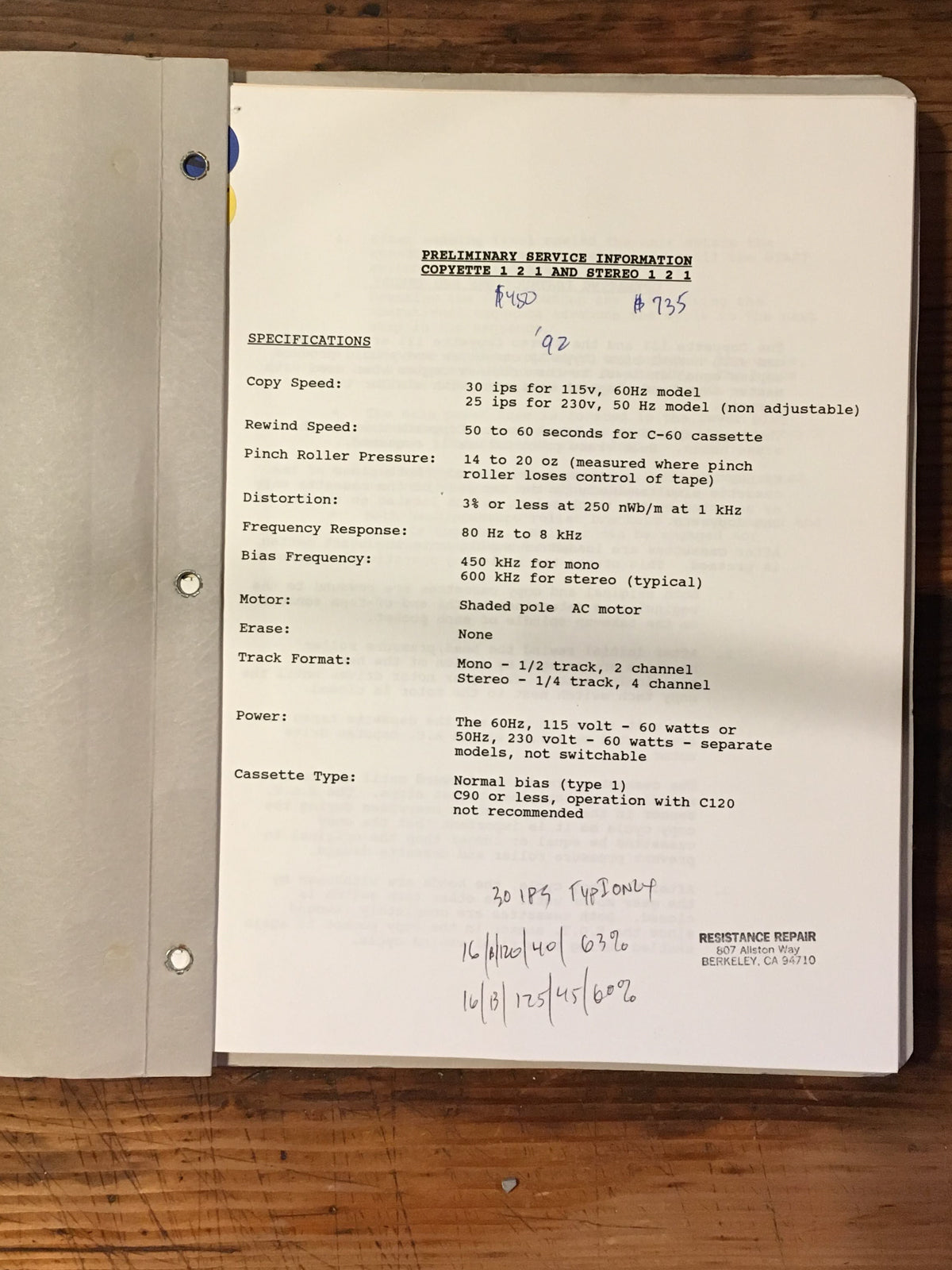 Telex Copyette Stereo 1 2 1 Cassette Service Manual *Original*