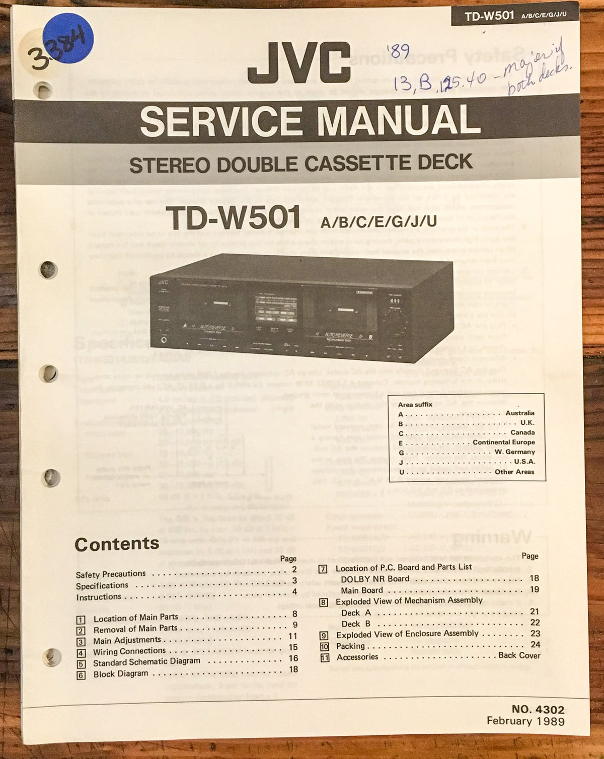 JVC TD-W501 Cassette Deck Service Manual *Original*