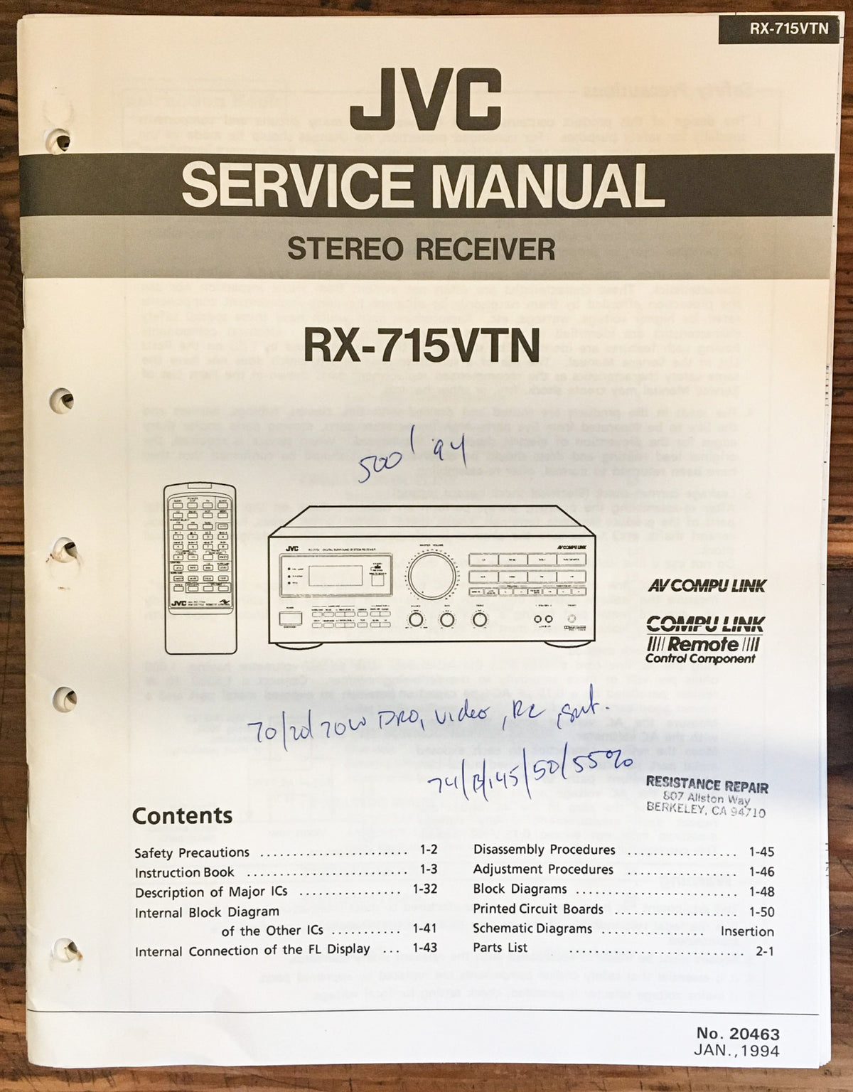 JVC RX-715 VTN RX-715VTN Receiver Service Manual *Original*
