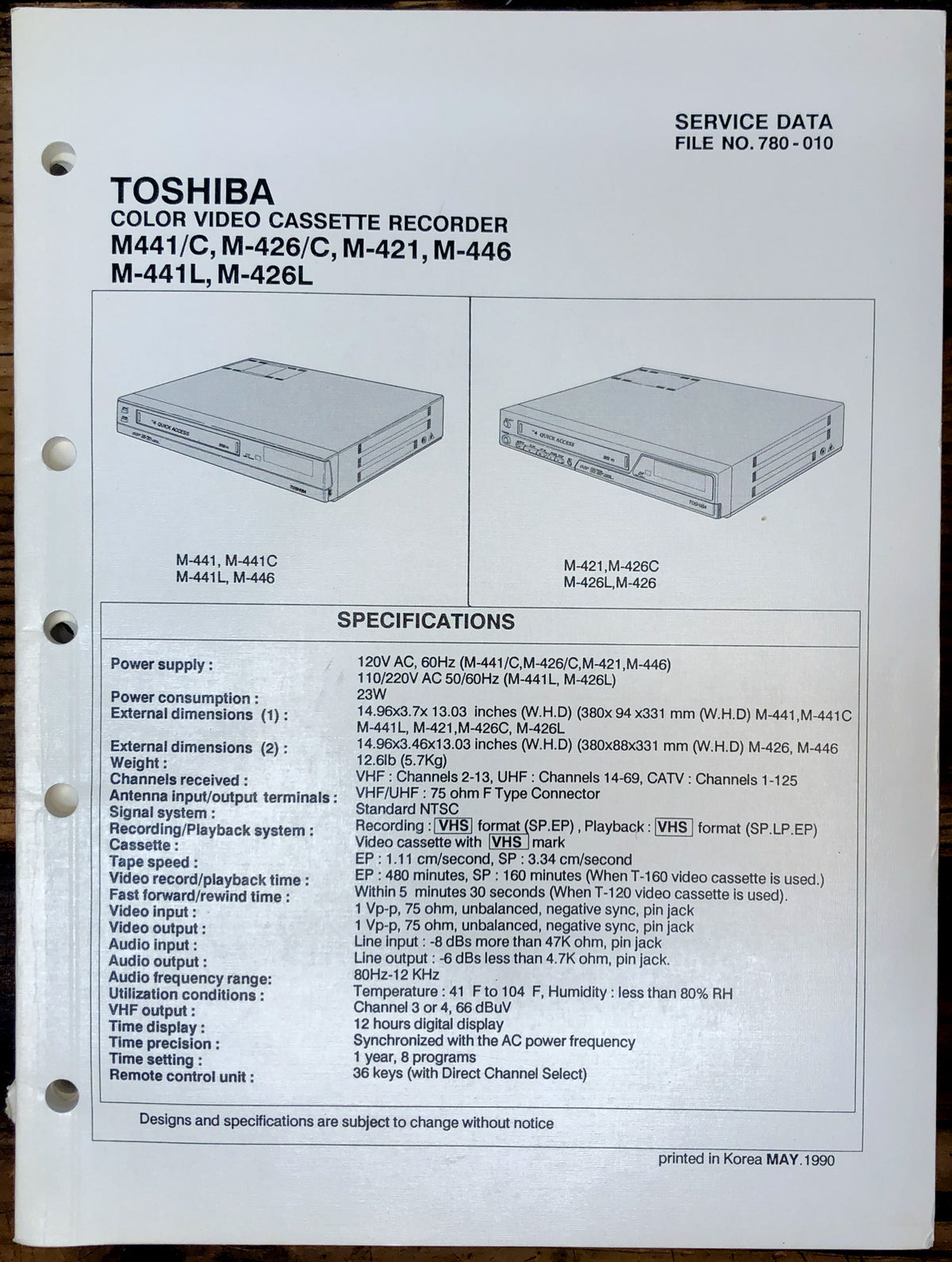 Toshiba M-441 M-421 M-446 M-426 VCR Service Manual *Original*