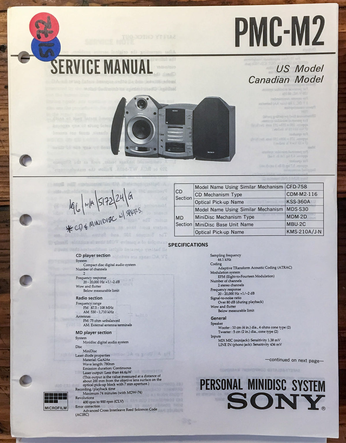 Sony PMC-M2 MD Stereo Service Manual *Original*