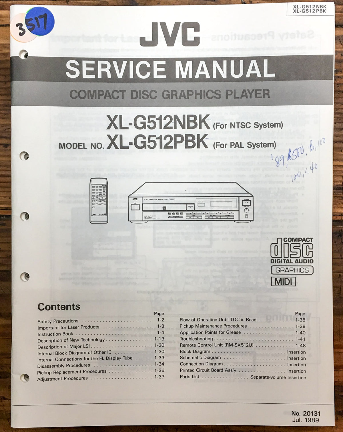 JVC XL-G512 NBK PBK CD Graphics Player Service Manual *Original*