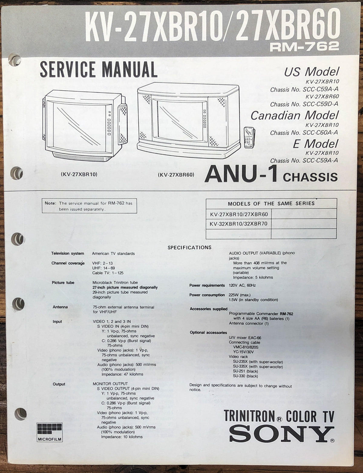 Sony KV-27XBR10 KV-27XBR60 TV Service Manual *Original*