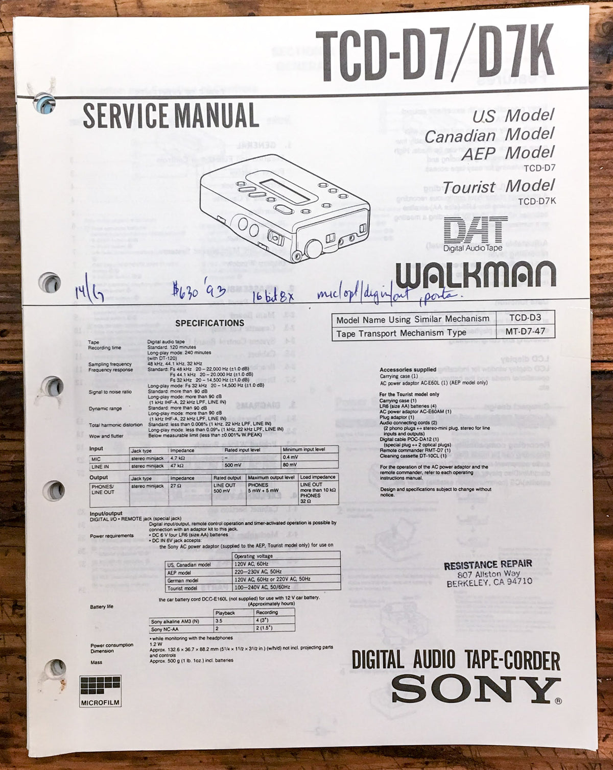 Sony TCD-D7 TCD-D7K Cassette Player Service Manual *Original* #1