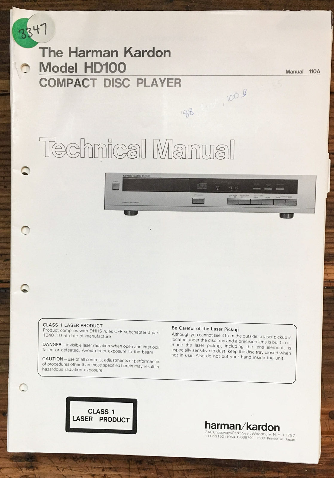 Harman Kardon HD100 HD-100 CD Player Service Manual *Original*