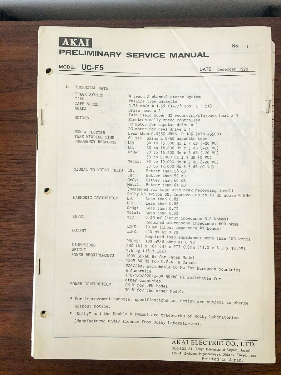 Akai UC-F5 Stereo Preliminary Service Manual *Original*