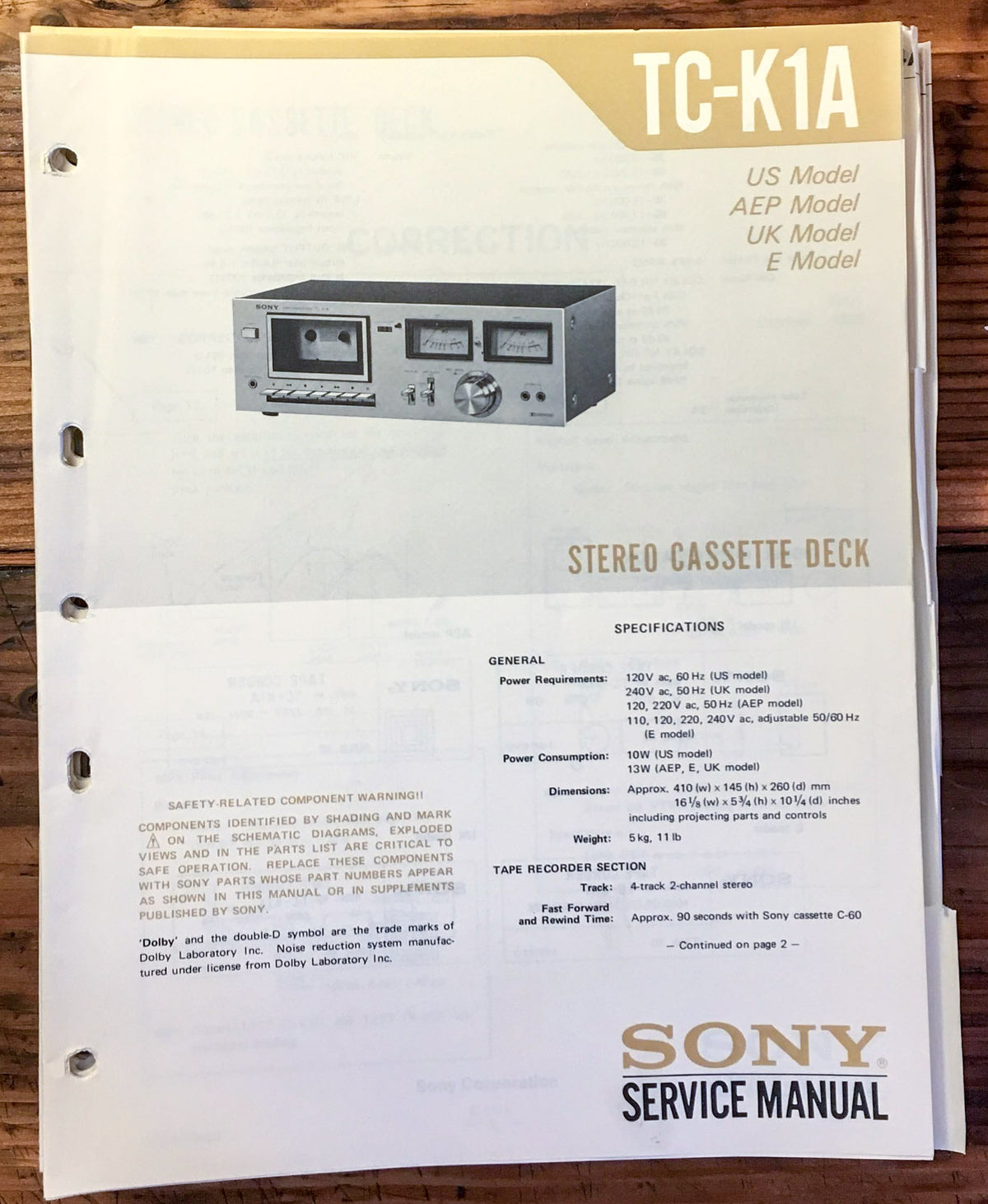 Sony TC-K1A Cassette Deck Service Manual *Original*