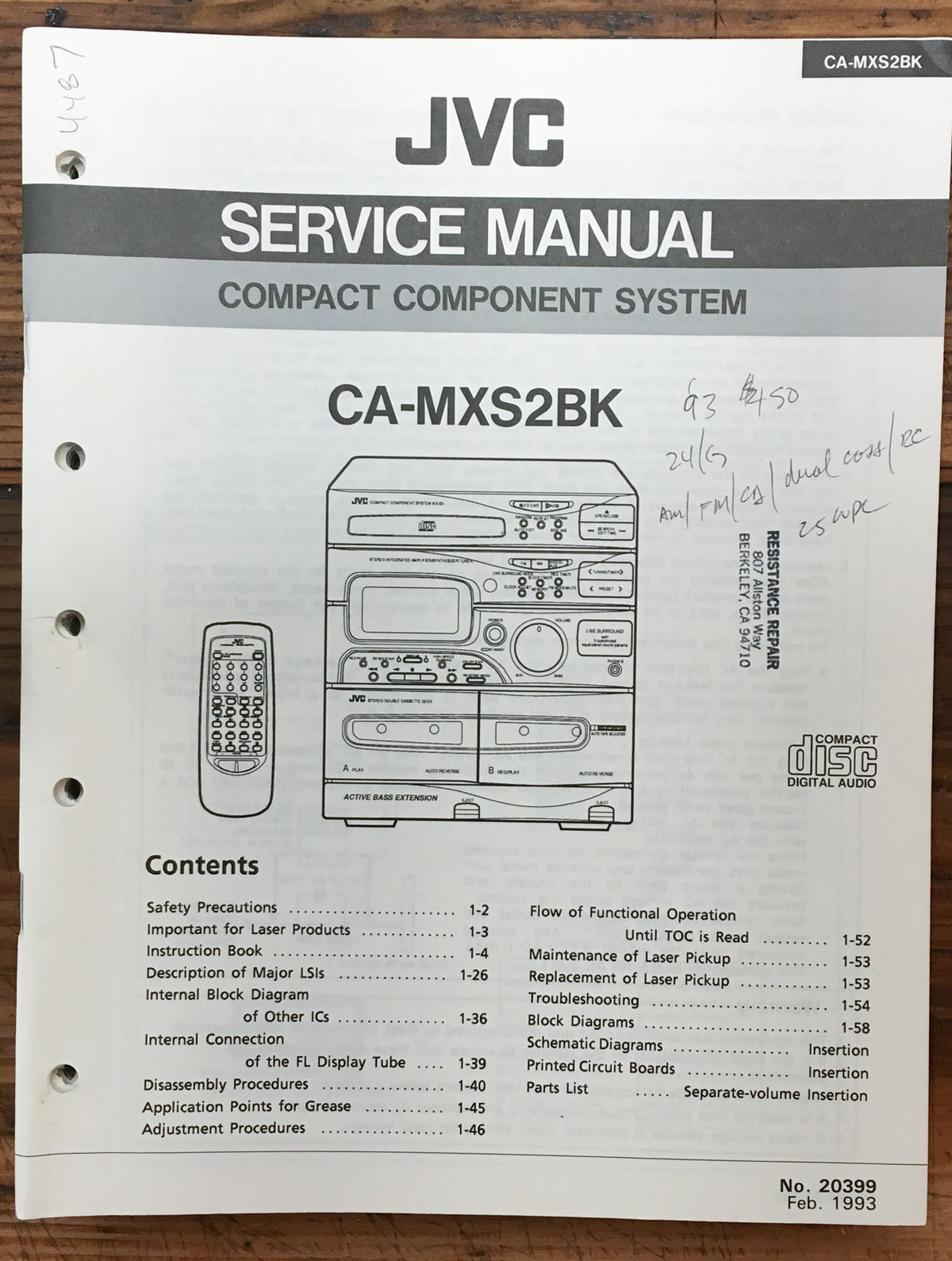 JVC CA-MXS2 BK Stereo Service Manual *Original*
