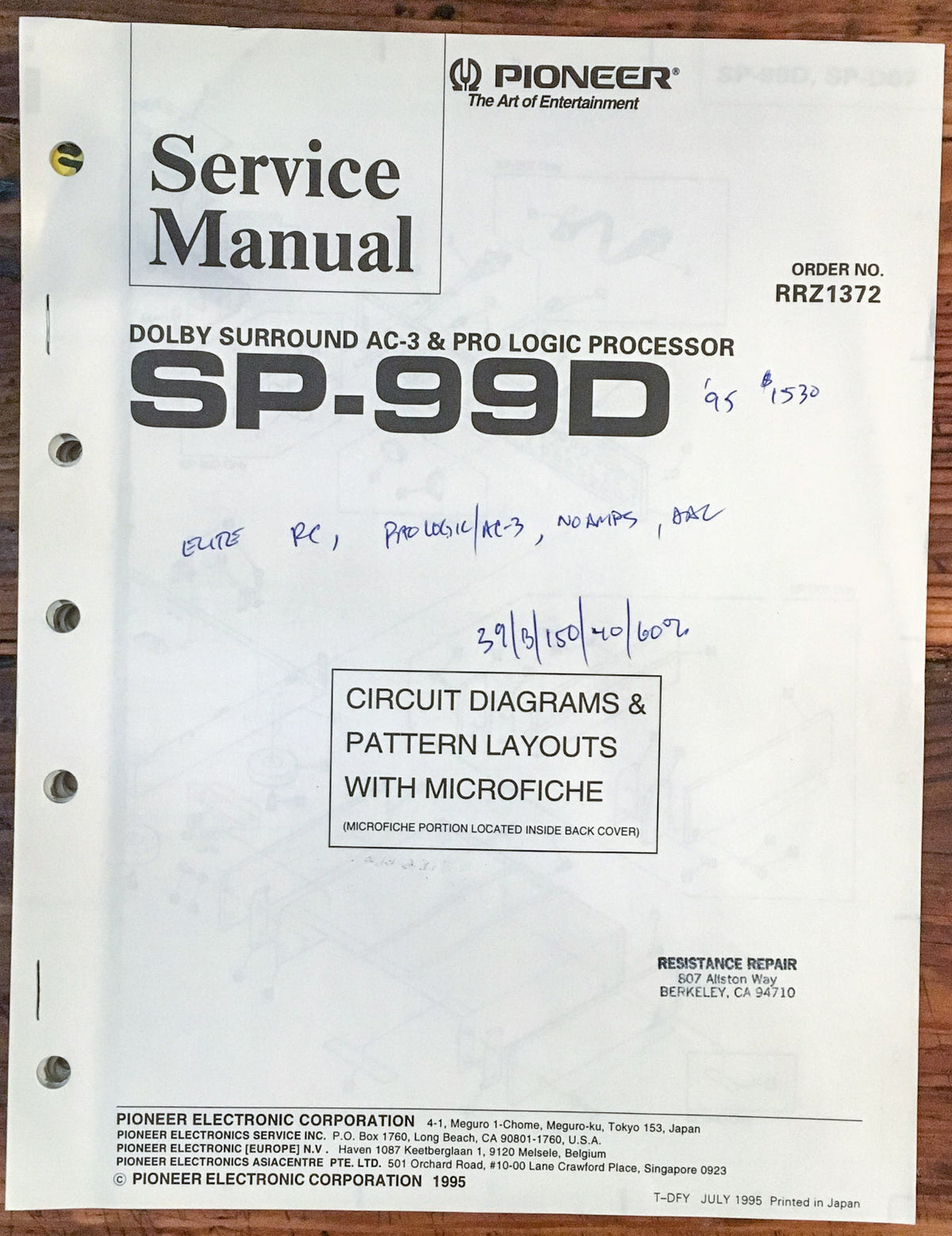 Pioneer SP-99D Pro Logic Processor Service Manual *Original*