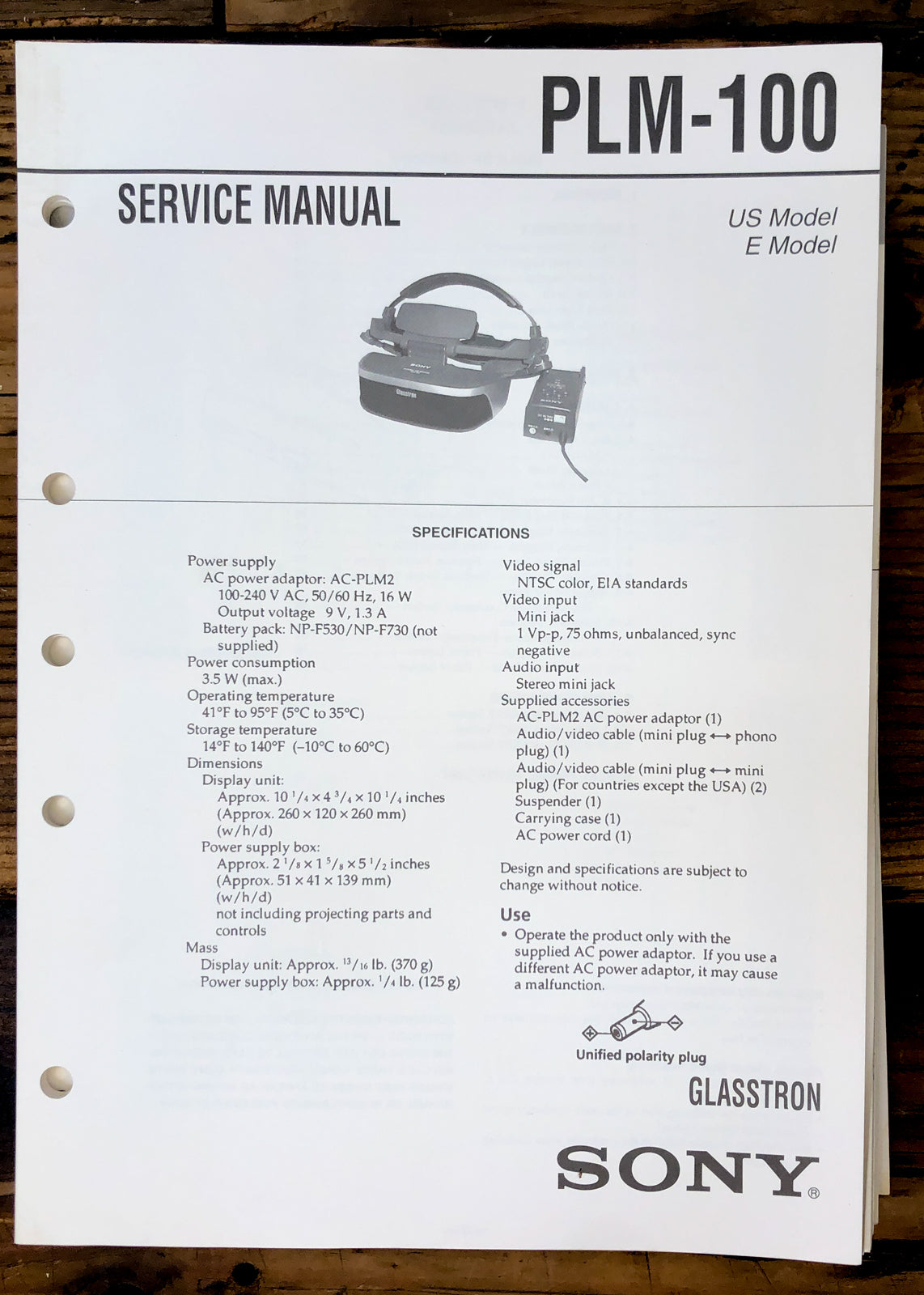 Sony PLM-100 Glasstron Service Manual *Original*