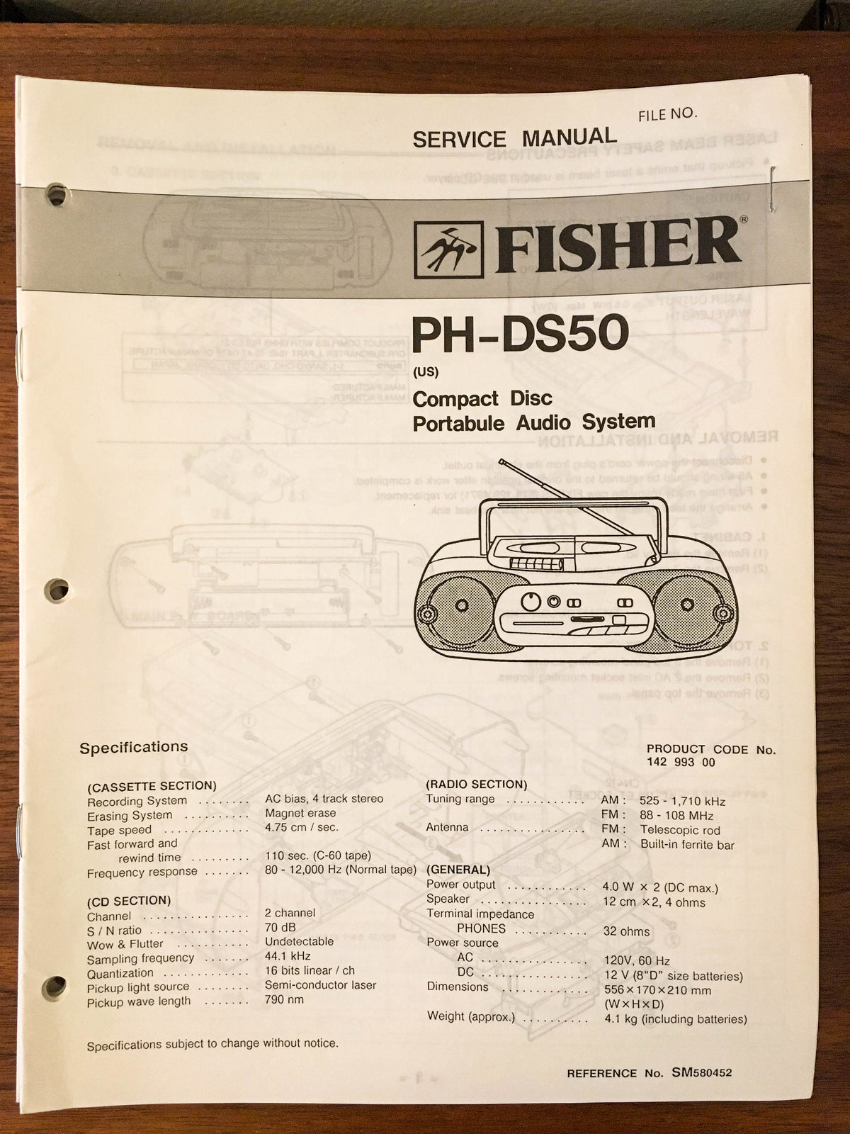 Fisher PH-DS50 Boombox Radio Service Manual *Original*