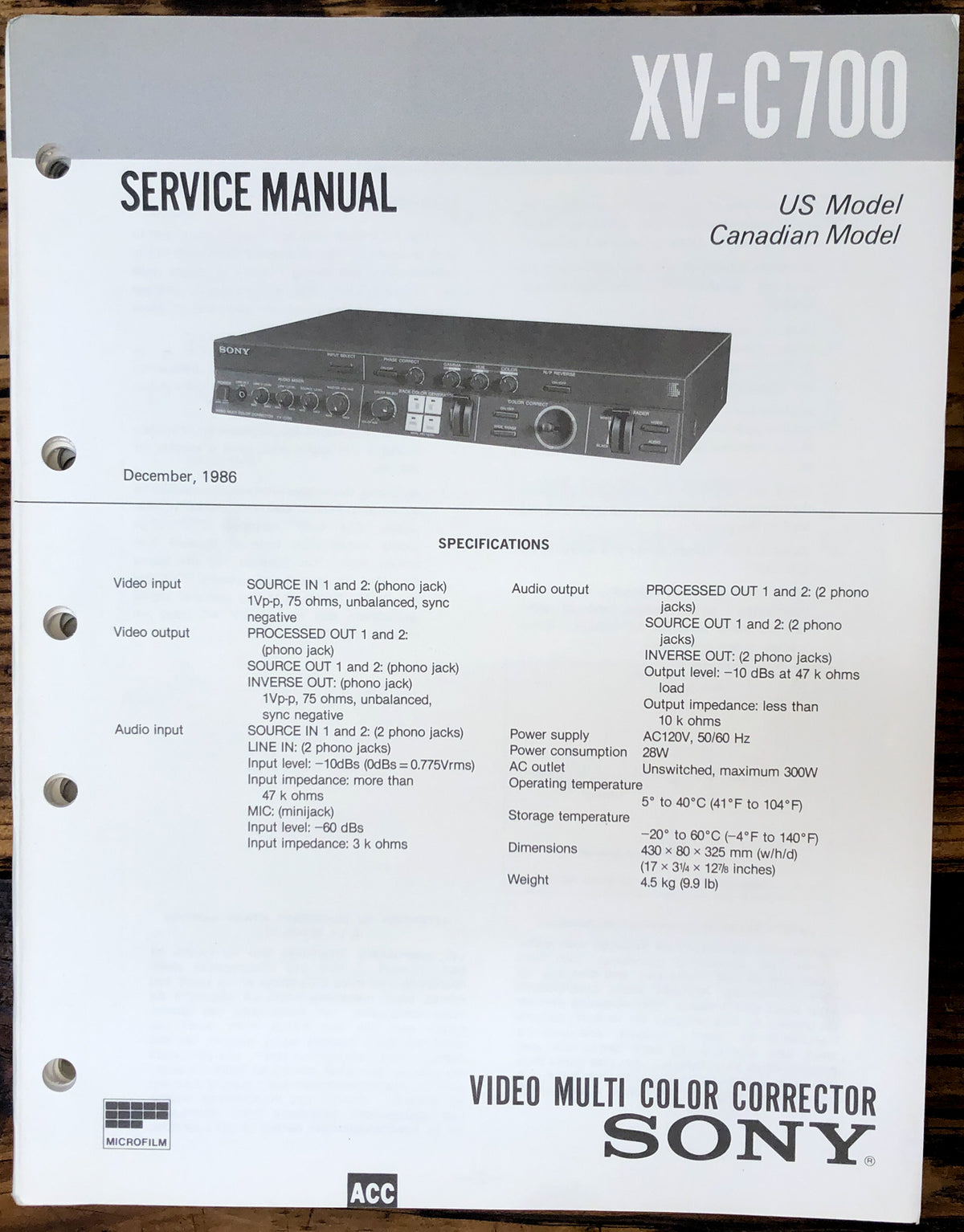 Sony XV-C700 Video Corrector Service Manual *Original*
