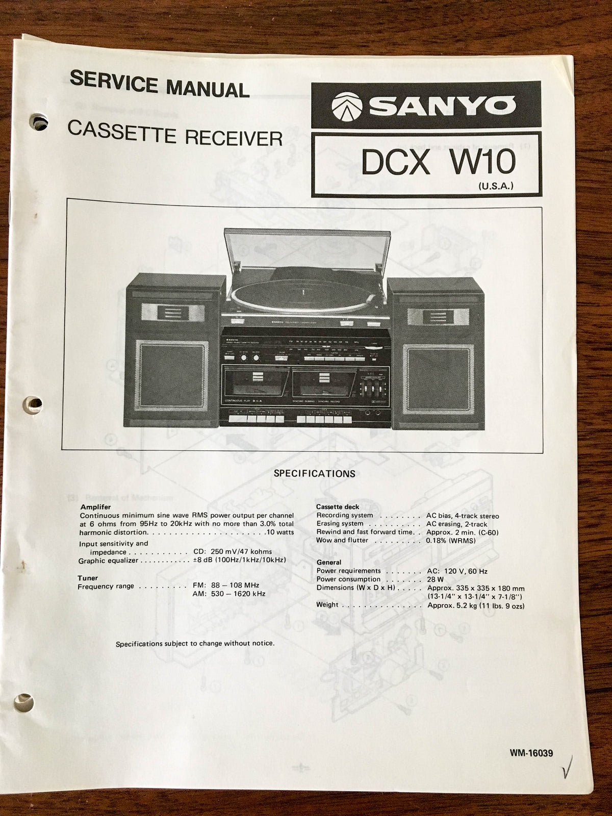 Sanyo DCX W10 Cassette Receiver Service Manual *Original*