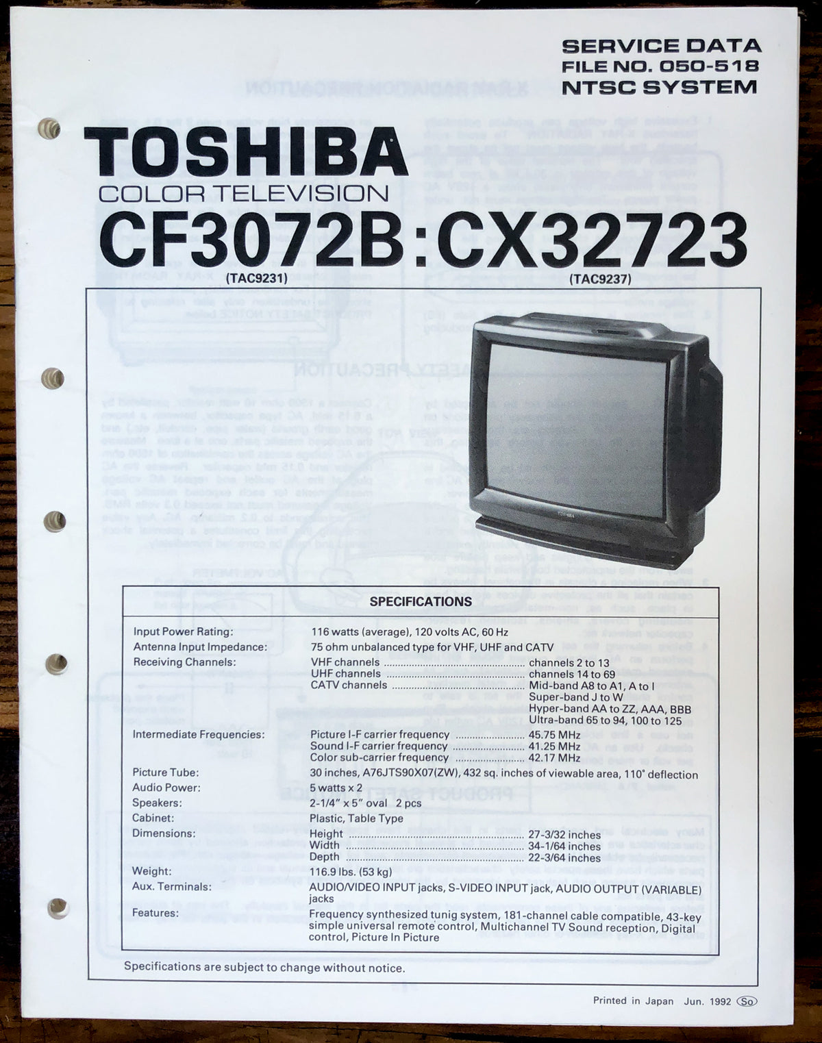 Toshiba CF3072B CX32723 TV Service Manual *Original*