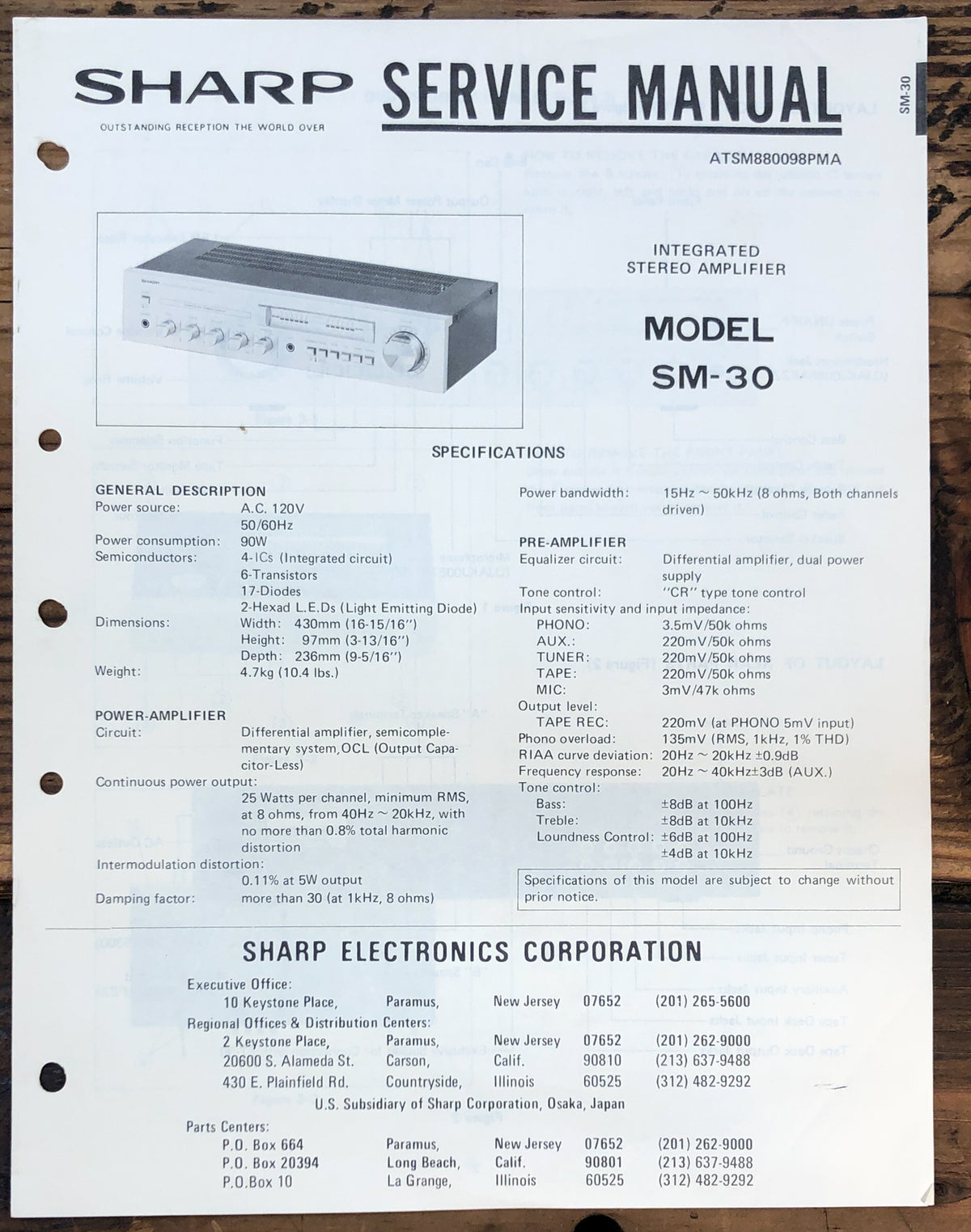 Sharp SM-30 Amplifier Service Manual *Original*