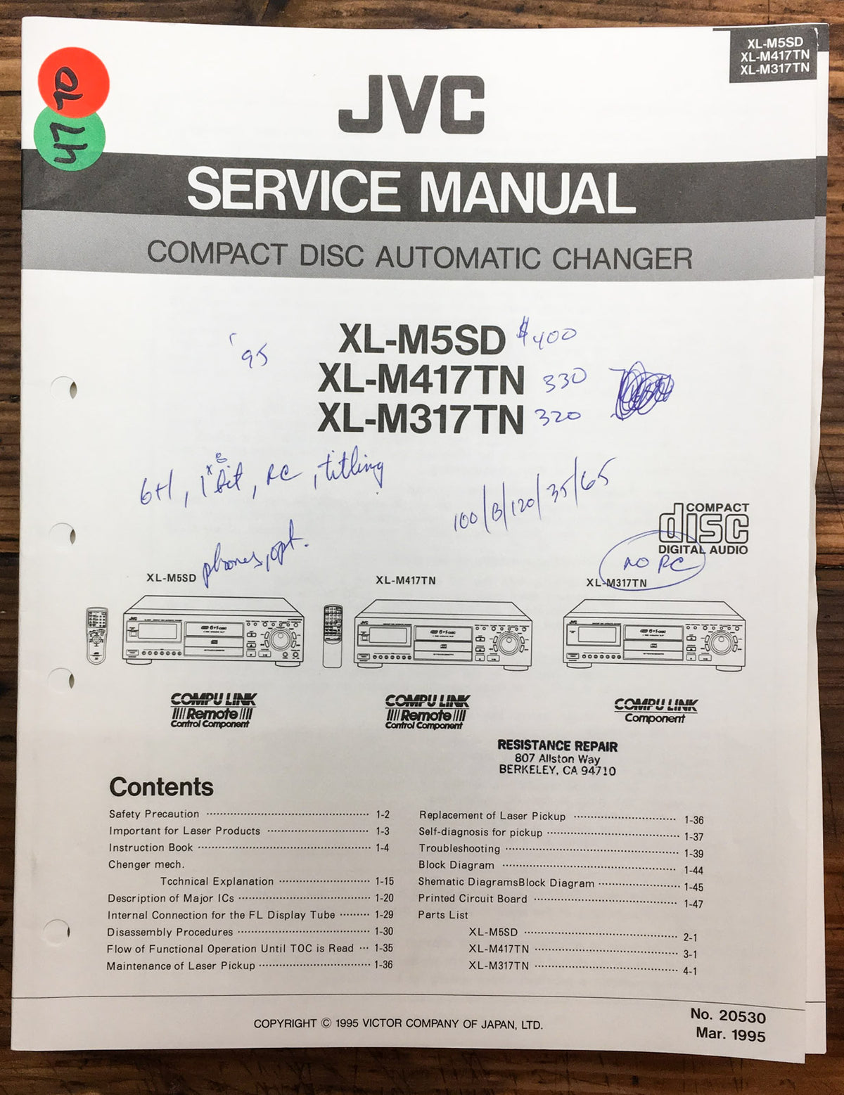 JVC XL-M5 SD -M417 -M317 TN CD Player Service Manual *Original*