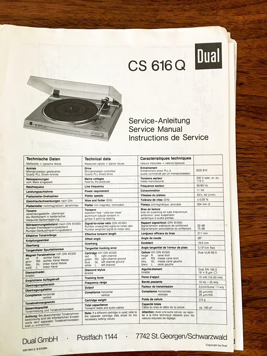 Dual CS 616 Q Record Player / Turntable Service Manual *Original*