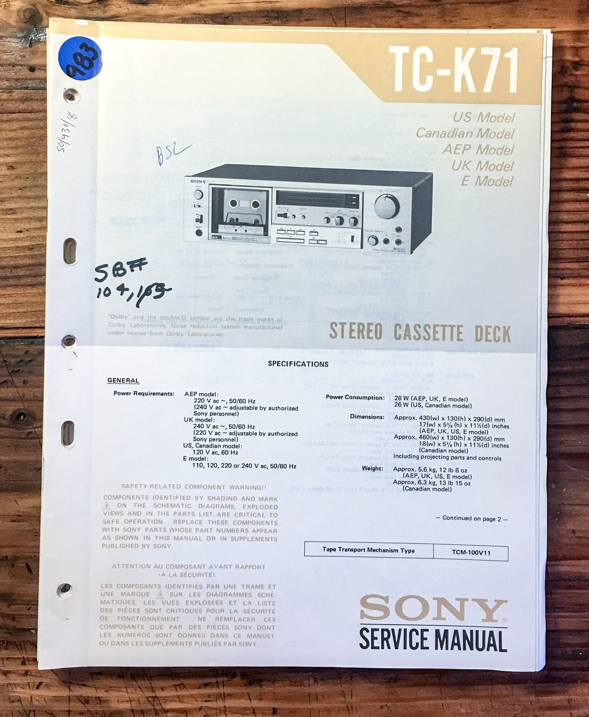 Sony TC-K71 Cassette Deck Service Manual *Original*