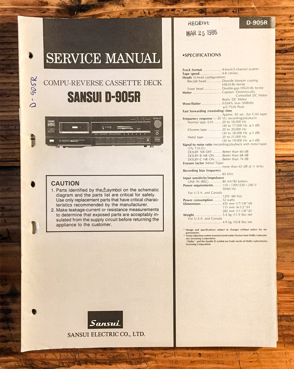 Sansui D-905R Cassette Service Manual *Original*