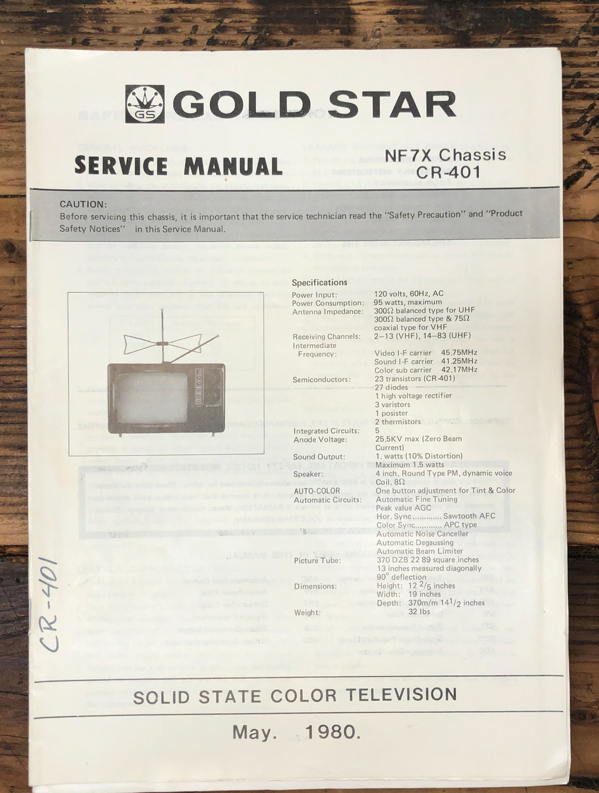 Goldstar CR-401 TV / Monitor Service Manual *Original*