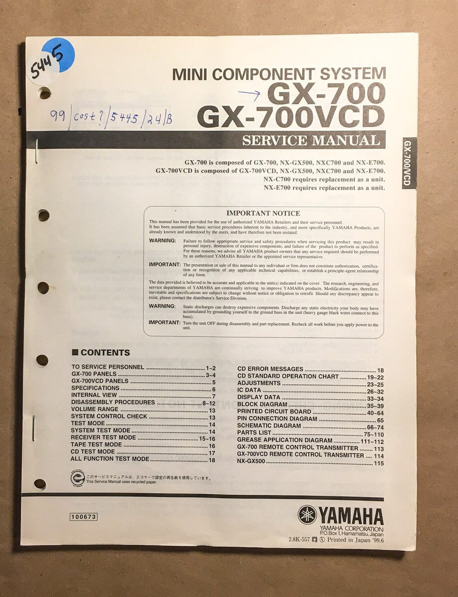 Yamaha GX-700 GX-700VCD Stereo System Service Manual *Original*