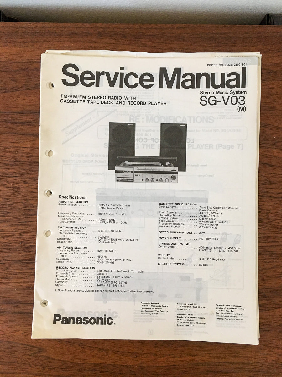 Panasonic SG-V03 Stereo Service Manual *Original*